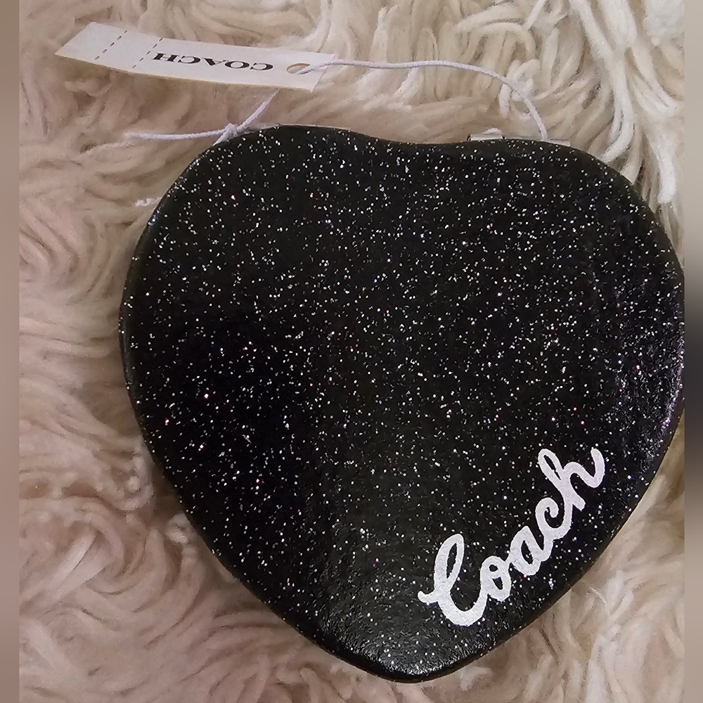 Coach Black Glitter Heart Shaped Dual Compact Mirror New With Tags - Picture 6 of 6